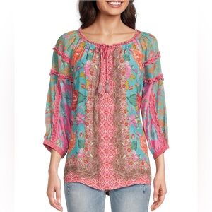 John Mark Woven Border Tassel Tie Split Neck 3/4 RollTab Sleeve Ruffle Blouse XL